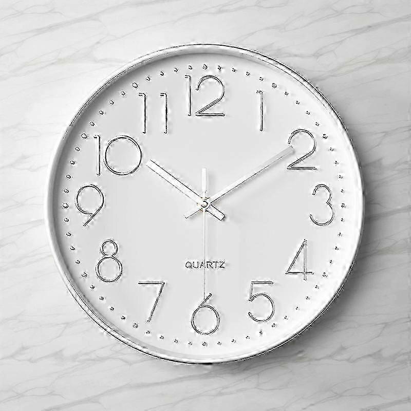 Wall Clock Silent Non Ticking Quality Quartz, Round Easy To ReadWhite-Silver A-SD