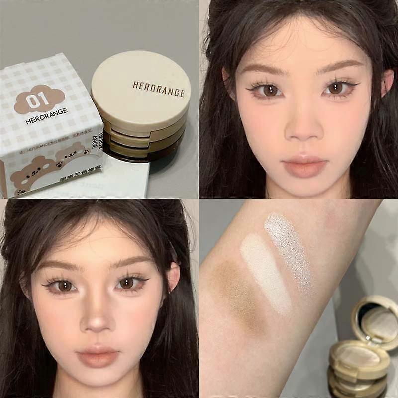 Pop pop three-color contouring powder with pearlescent, matte, and highlighting properties for a natural finish, highlighting the face and n