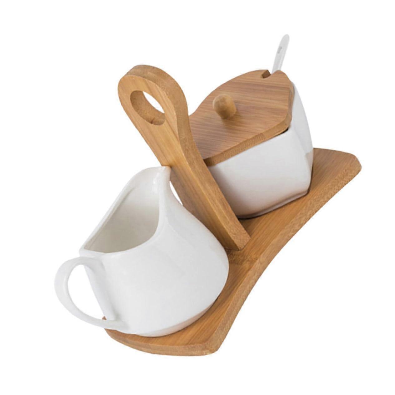 Ceramic Sugar Pot Set with Tray and Spoon, Elegant White Condiment Jars for Kitchen Counter