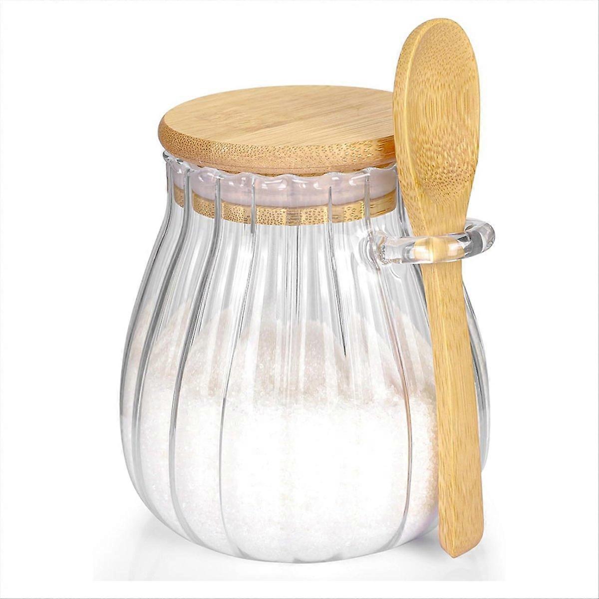 Sugar Container with Bamboo Lid and Spoon,Sugar Bowl Glass Jar 600Ml