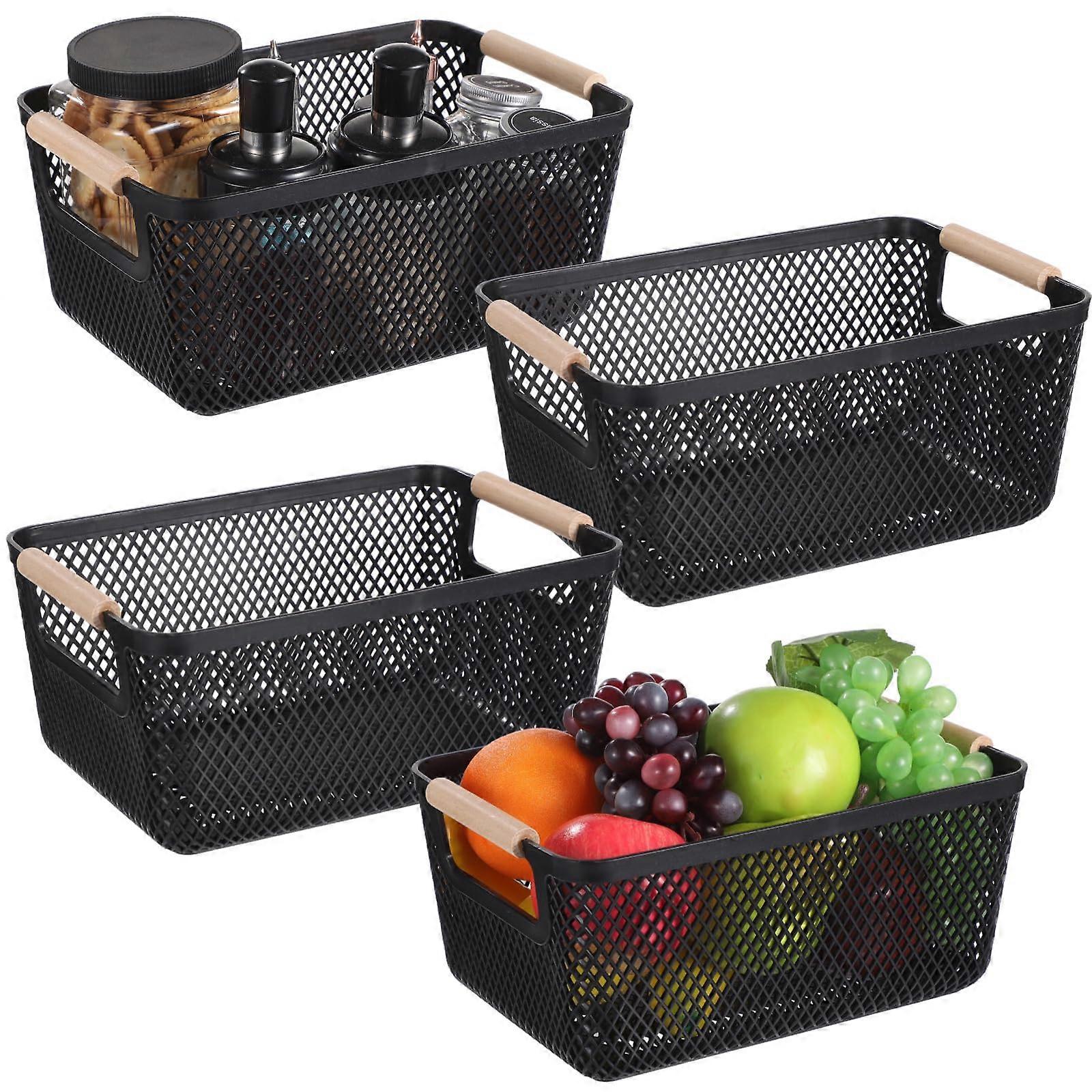 4 Pcs Stackable Plastic Storage Baskets with Wooden Handles, Mesh Organizer Bins for Kitchen Pantry