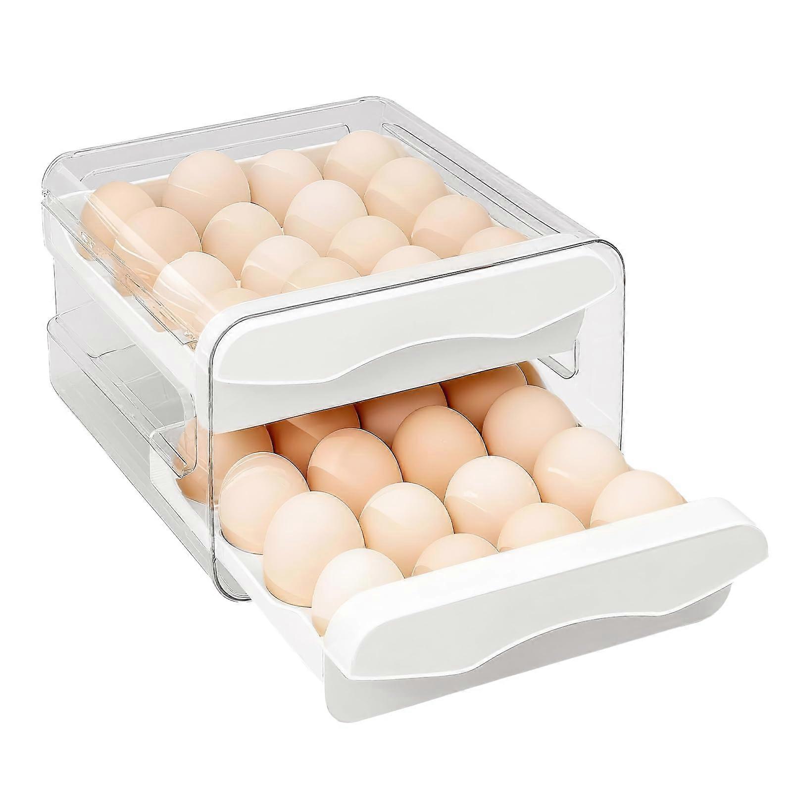 Egg Storage Container DoubleLayer Large Capacity Drawer Style Transparent Stackable Refrigerator Egg Holder White