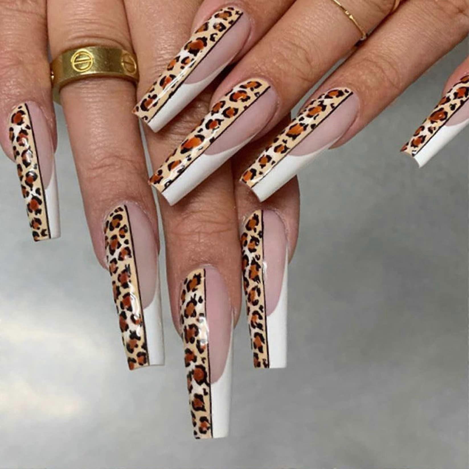 24pcs French Leopard Long Square Press On Nails, Reusable Acrylic False Nails, Gift Ready