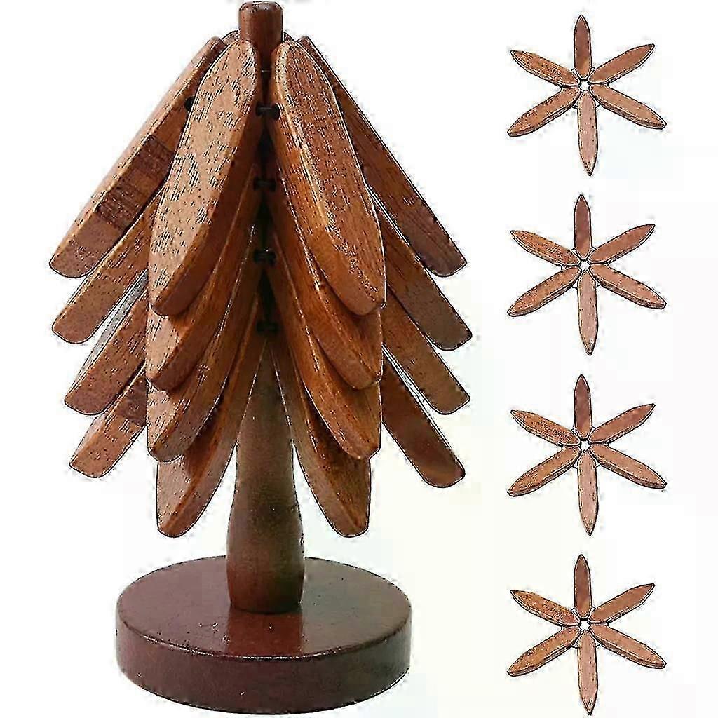 4-Piece Foldable Solid Wood Trivet Set, Brown, Heat Resistant, For Kitchen Dining