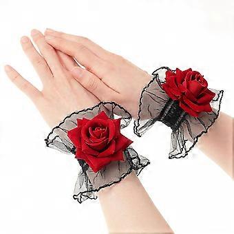 Fingerless Rose Lace Short Wrist Cuff, Flower Black Short Lace Gloves for Party