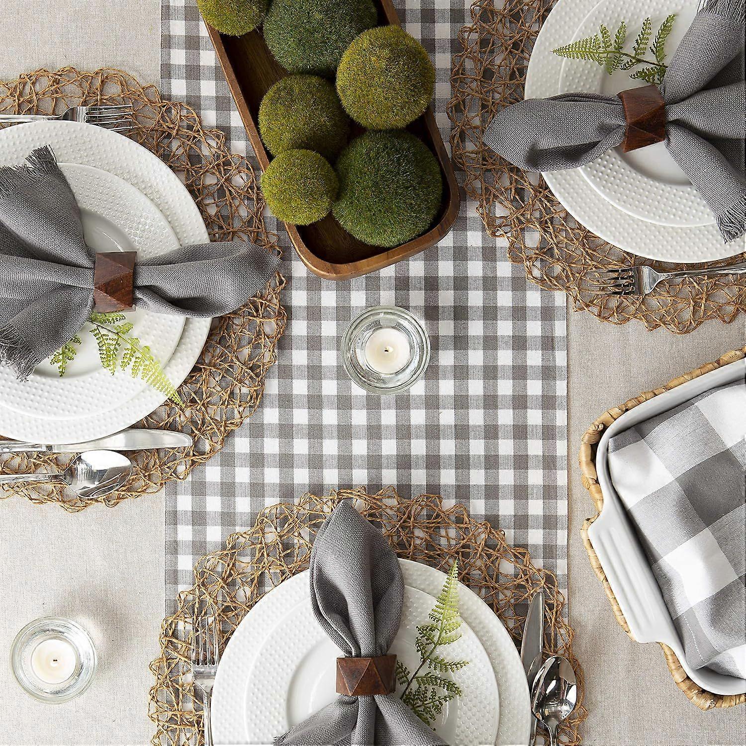 Checkered Gray Table Runner, Reversible Cotton, 14x72 Inch, Machine Washable, for Dining Table and Parties