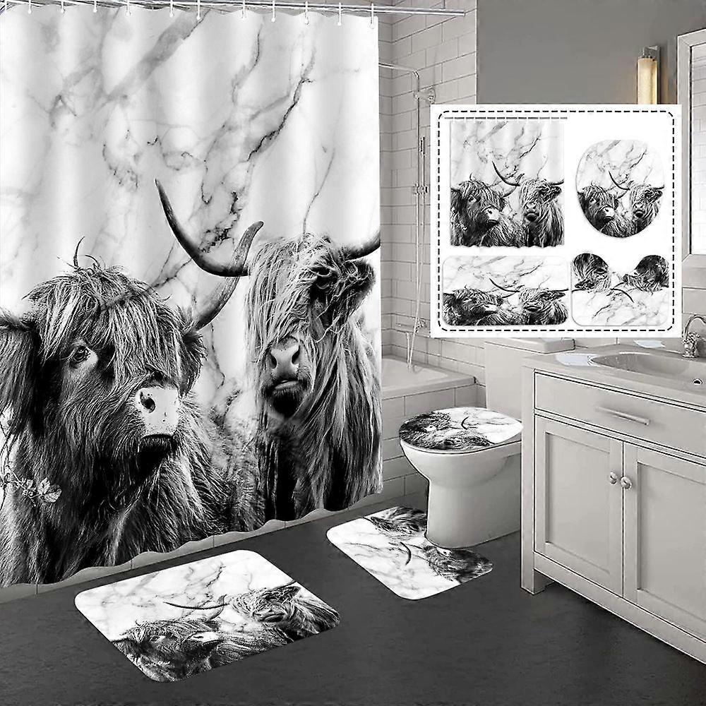 Highland Cow 4 Pcs Marble Pattern Bathroom Shower Set