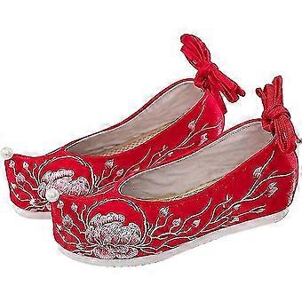 1 Pair Red Chinese Embroidery Shoes Pointed Toe Flat Shoes Slip On Traditional Wedge Heel Ballet Shoes Retro Style Hanfu Costume Shoes