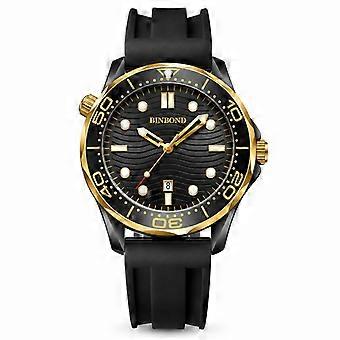 BINBOND Men's Sport Watch Seahorse Series Luminous Waterproof Black Silicone Strap Black Steel Black Dial Gold Indices JY