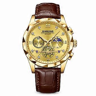 BINBOND Men's Multifunction Quartz Watch 6-Hand Chronograph Gold Case Gold Dial Brown Leather Strap JY