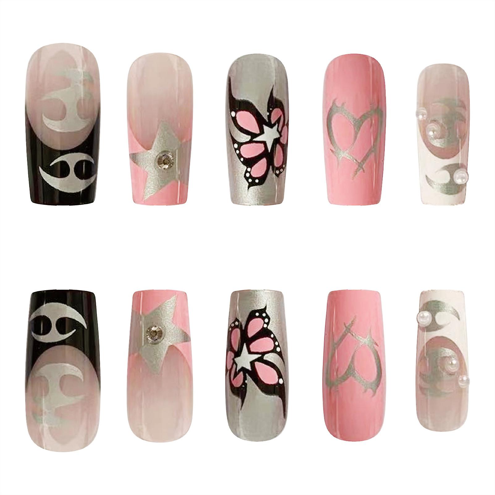 Pink White Black Mix Color Fake Nails Stylish Press-on Nails With Nail Glue At Home Manicure Kit For Diy Beginners