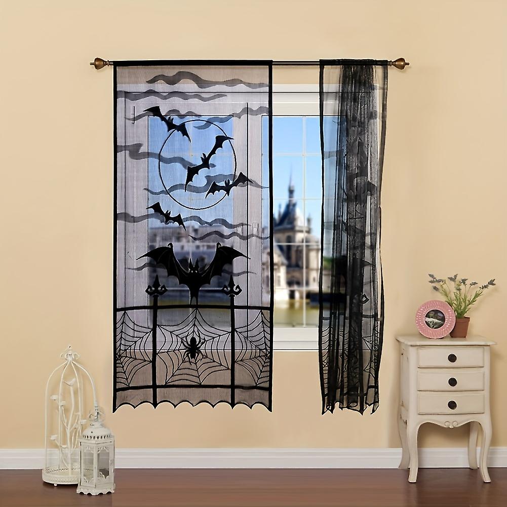 1pc Halloween Curtains Black Bats Halloween Lace Window Curtain Spooky Lace Door Curtain Panels For Halloween Window Decorations 40 X 84 Inch