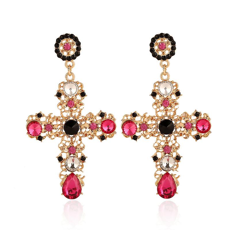 Cross Drop Earrings, Long Earrings Jewelry, RED pattern