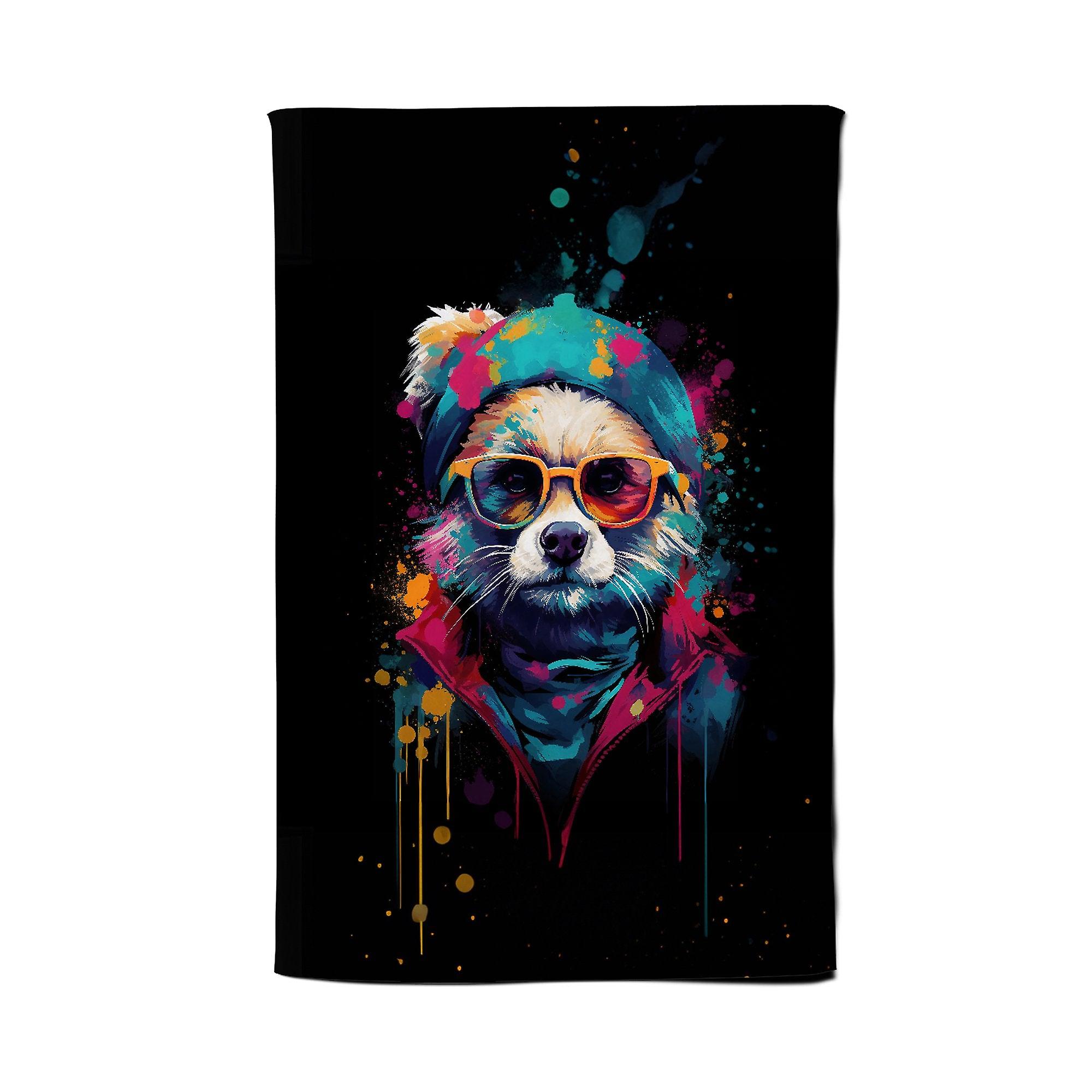Multi Coloured Splashart Dog With Glasses Tea Towel