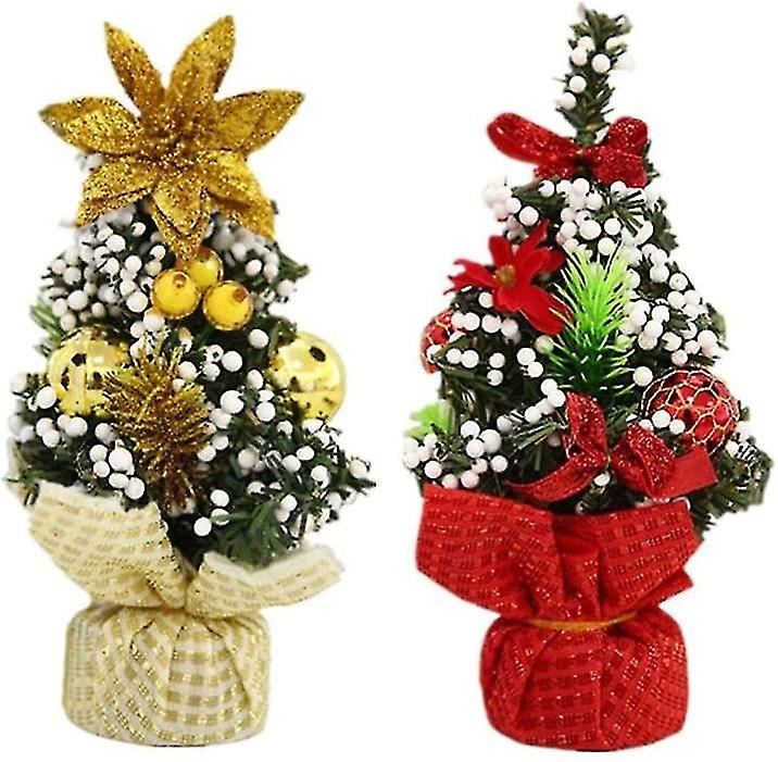 2pcsミニクリスマスツリー人工クリスマスツリー、白いベリーとキラキラオーナメントクリスマスタブ