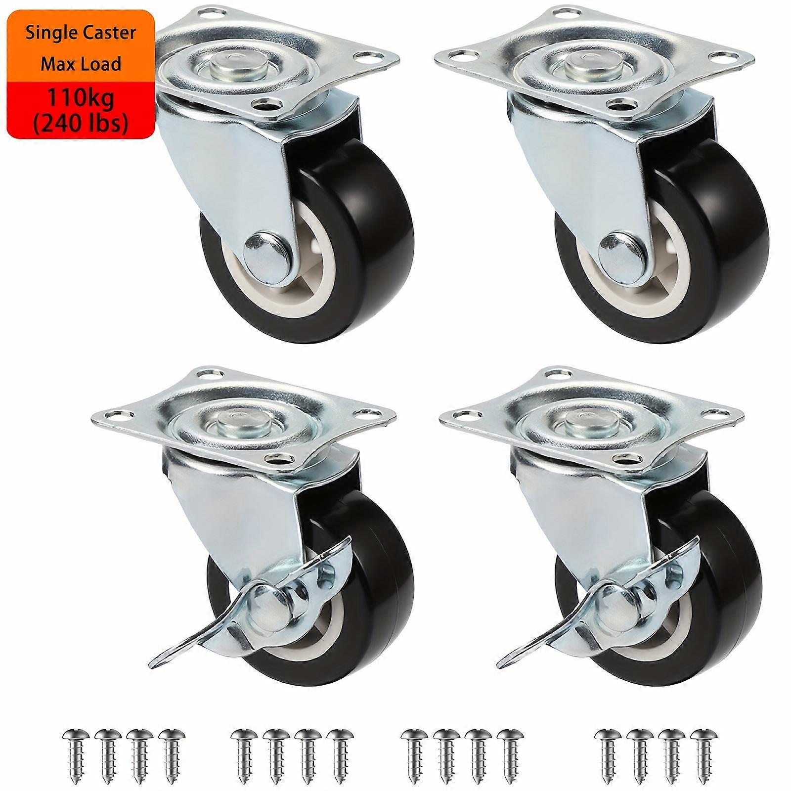 4pcs 2 Heavy Duty Swivel Caster Wheels with Brakes - Premium Furniture Hardware for Secure Mobility - Ideal for Computer Cabinets, Office Desks, Workb