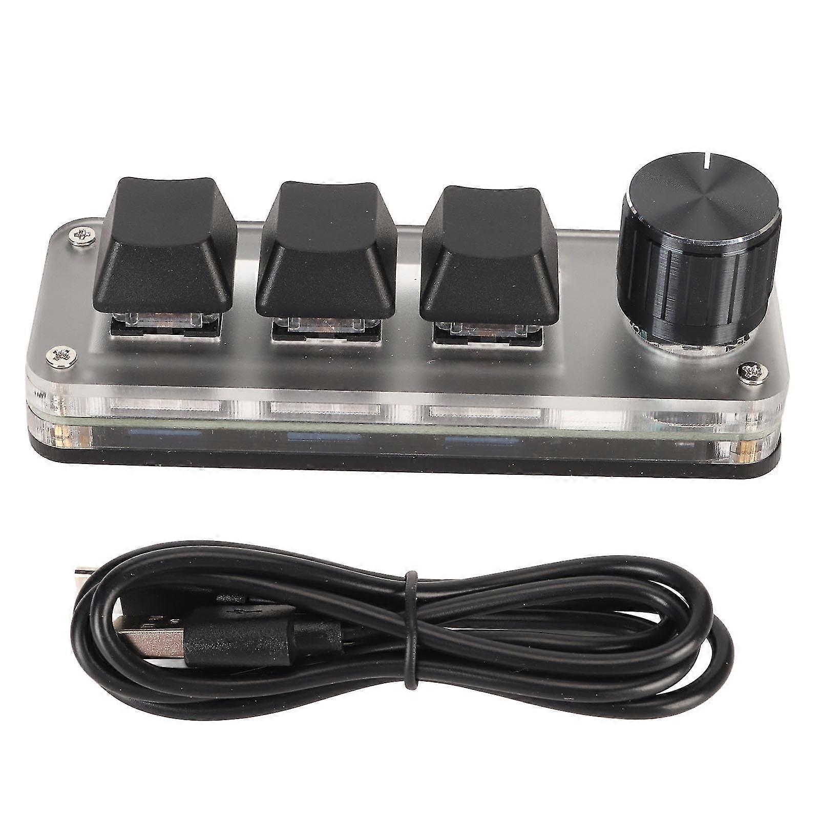 USB Mini 3 Key Keypad with Knob DIY Programmable Type C Wired Connection Blue Switch One Handed compatible Gaming Black-YM_Feb
