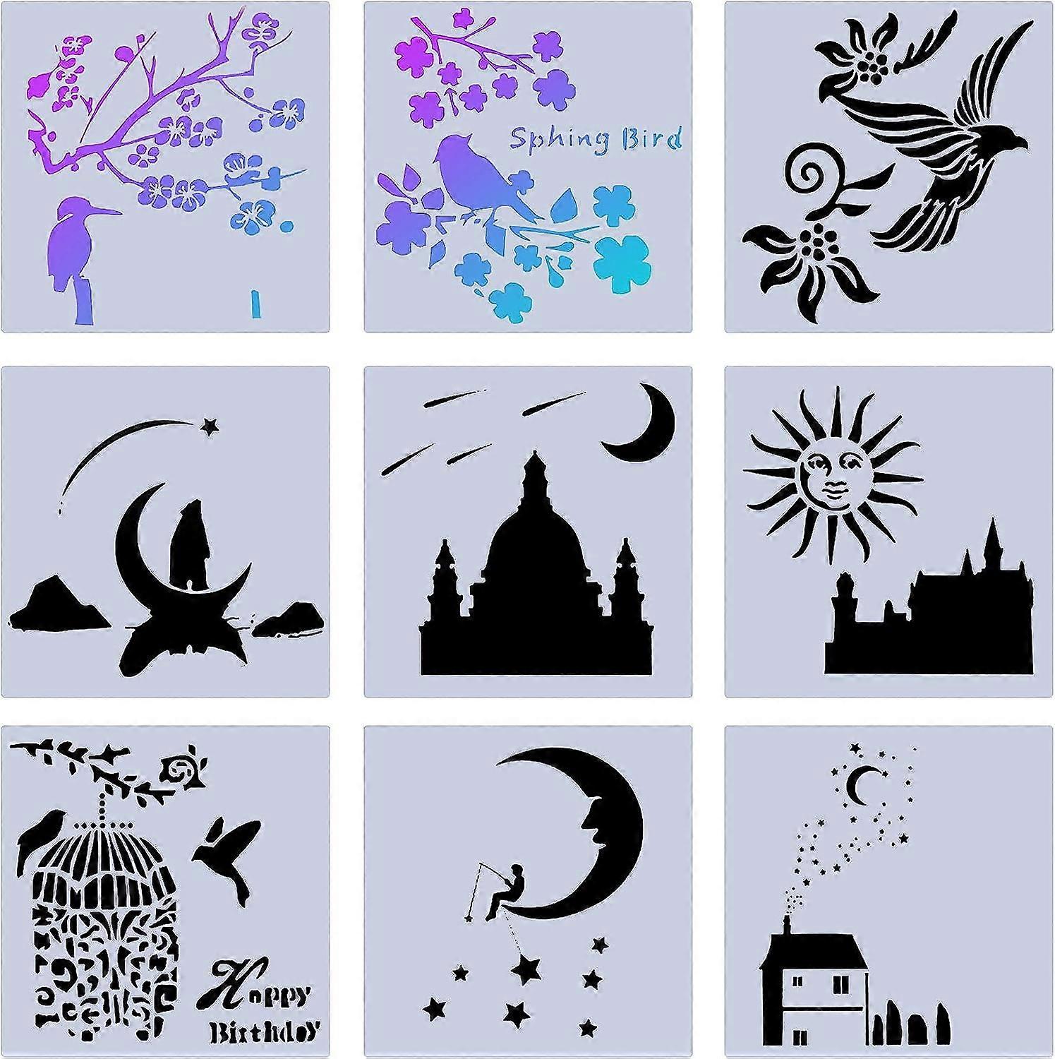 1set 9pcs Plastic Drawing Stencils Star Moon Birds Tree Branches Flower 5x5Inch Painting Templates Set