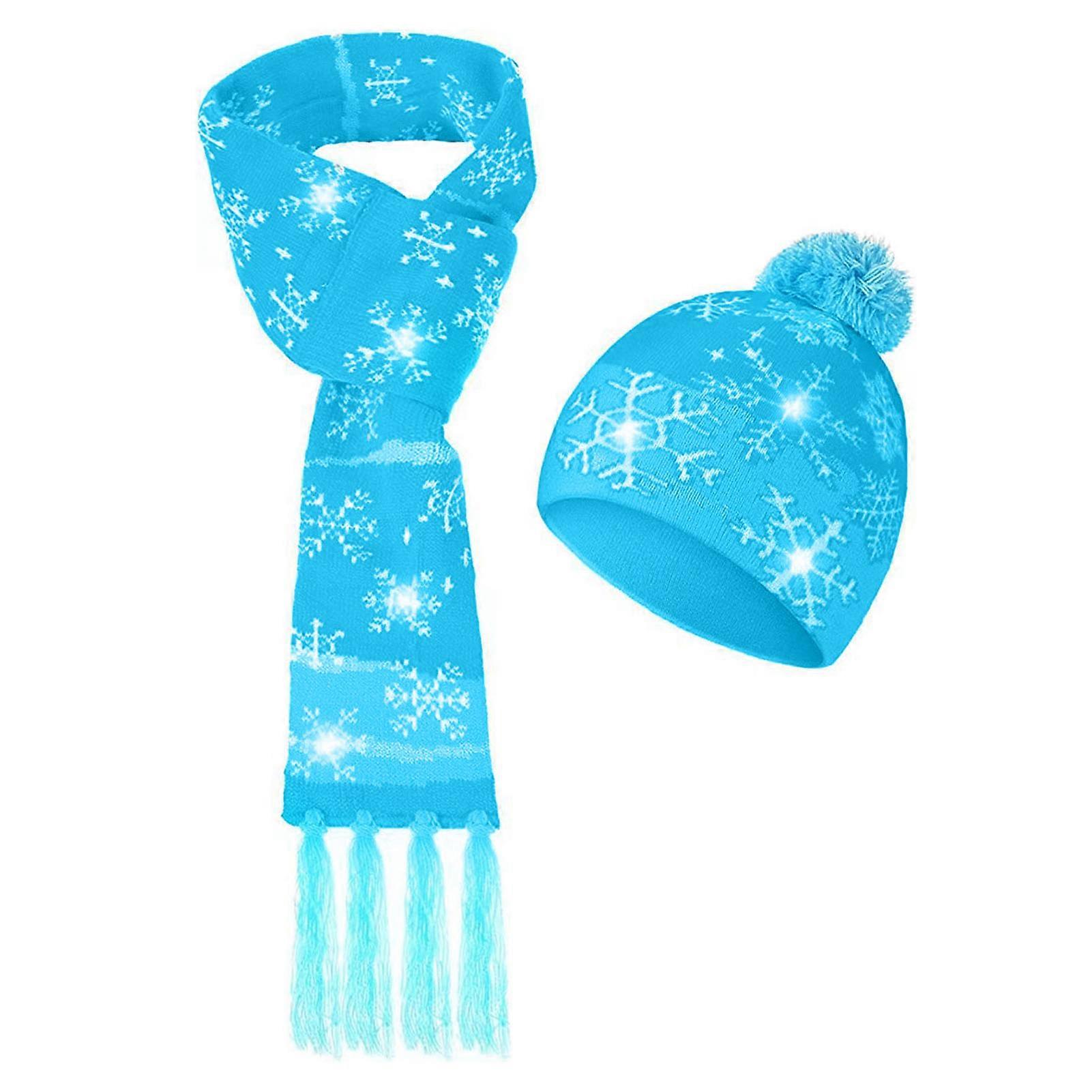 1 Set Hat Scarf Set LED Christmas Cap Snowflake Santa Elk Christmas Tree Print Bright Color Matching Unisex New Year Festive Tassel Scarf Beanie Set