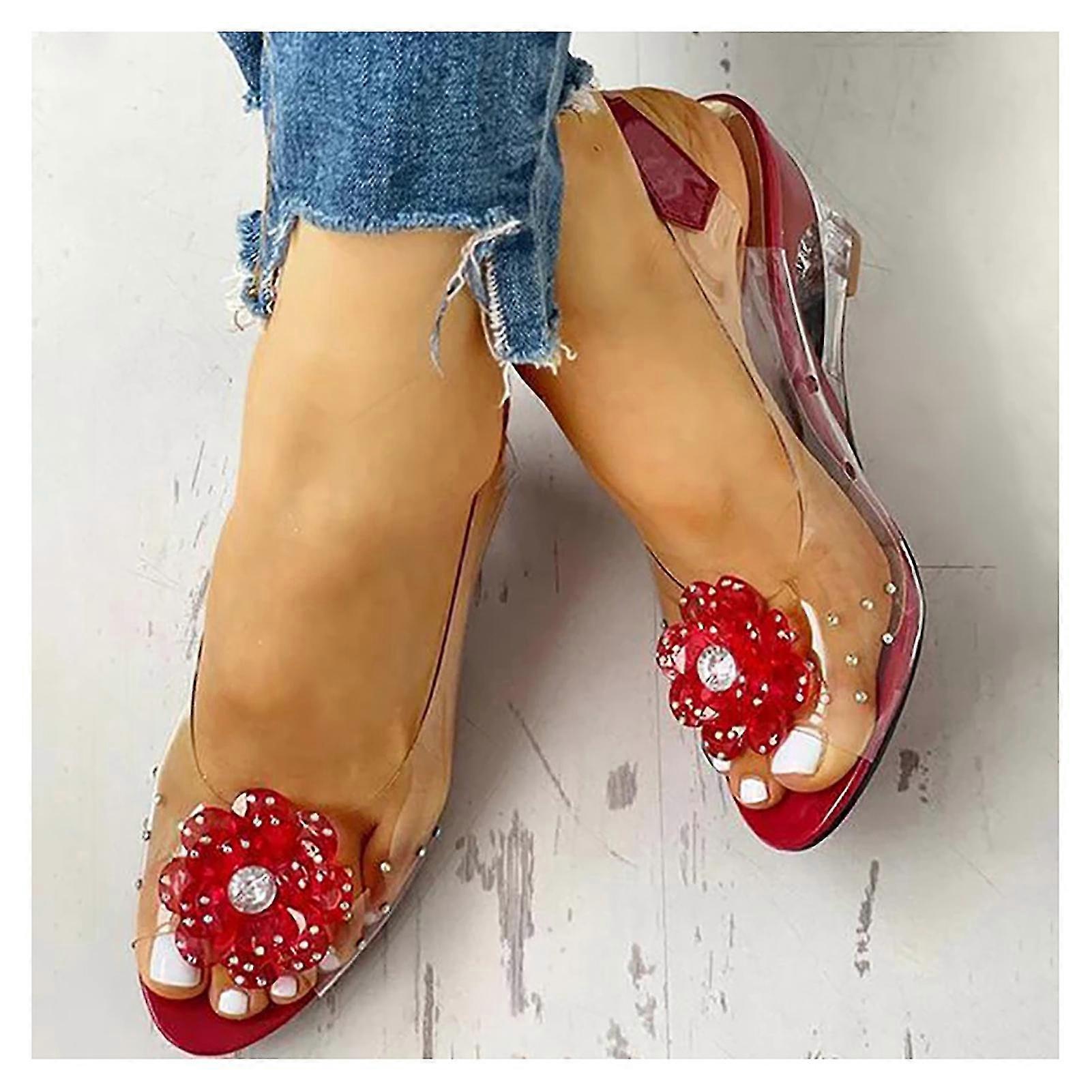 Studded Flower Design Transparent Sandals See-through Rhinestone Wedge Heel Sandals