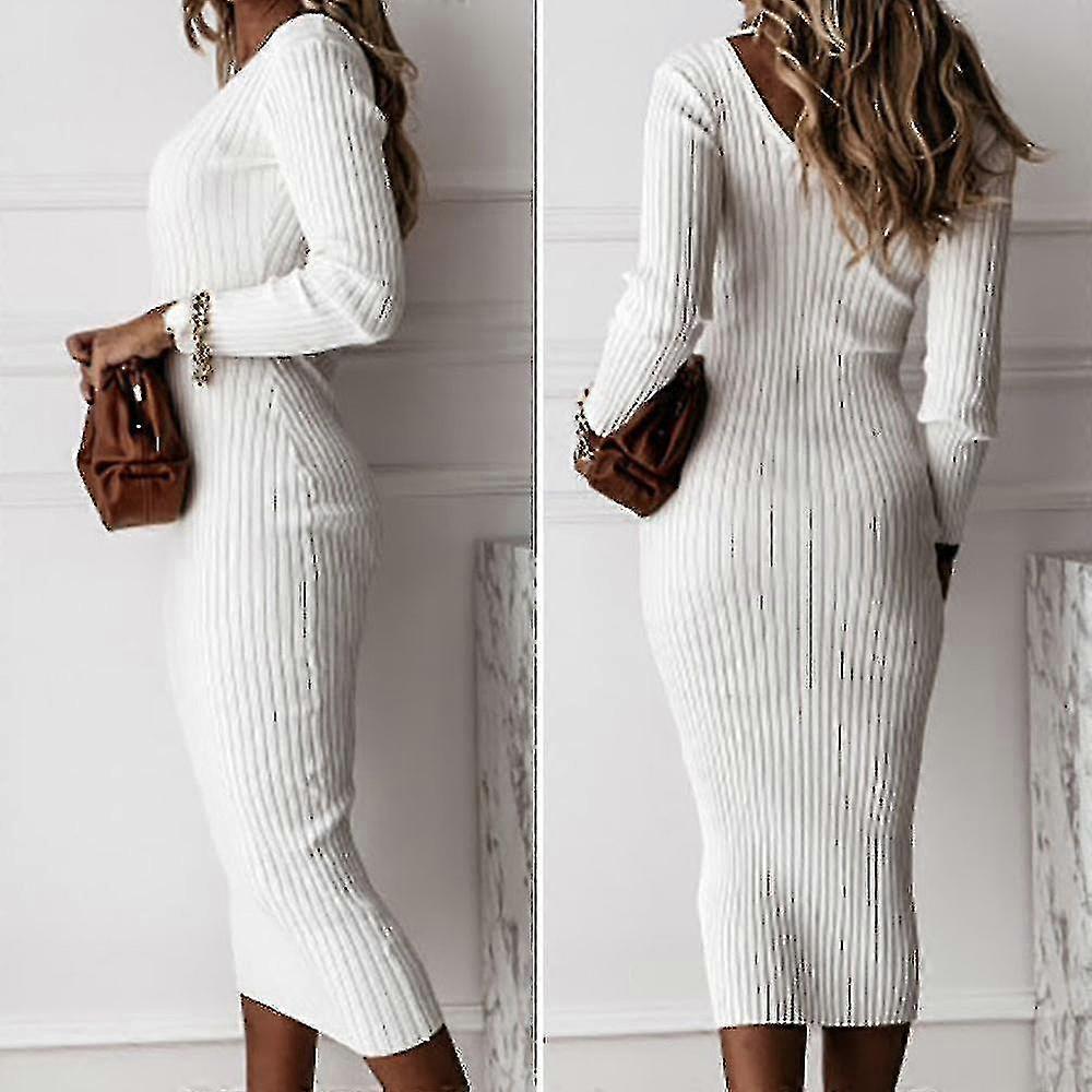 Γυναίκες Ribbed πλεκτό V-λαιμό μακρύ μανίκι bodycon πουλόβερ τεντώστε λεπτό εφαρμοστό μίντι φόρεμα