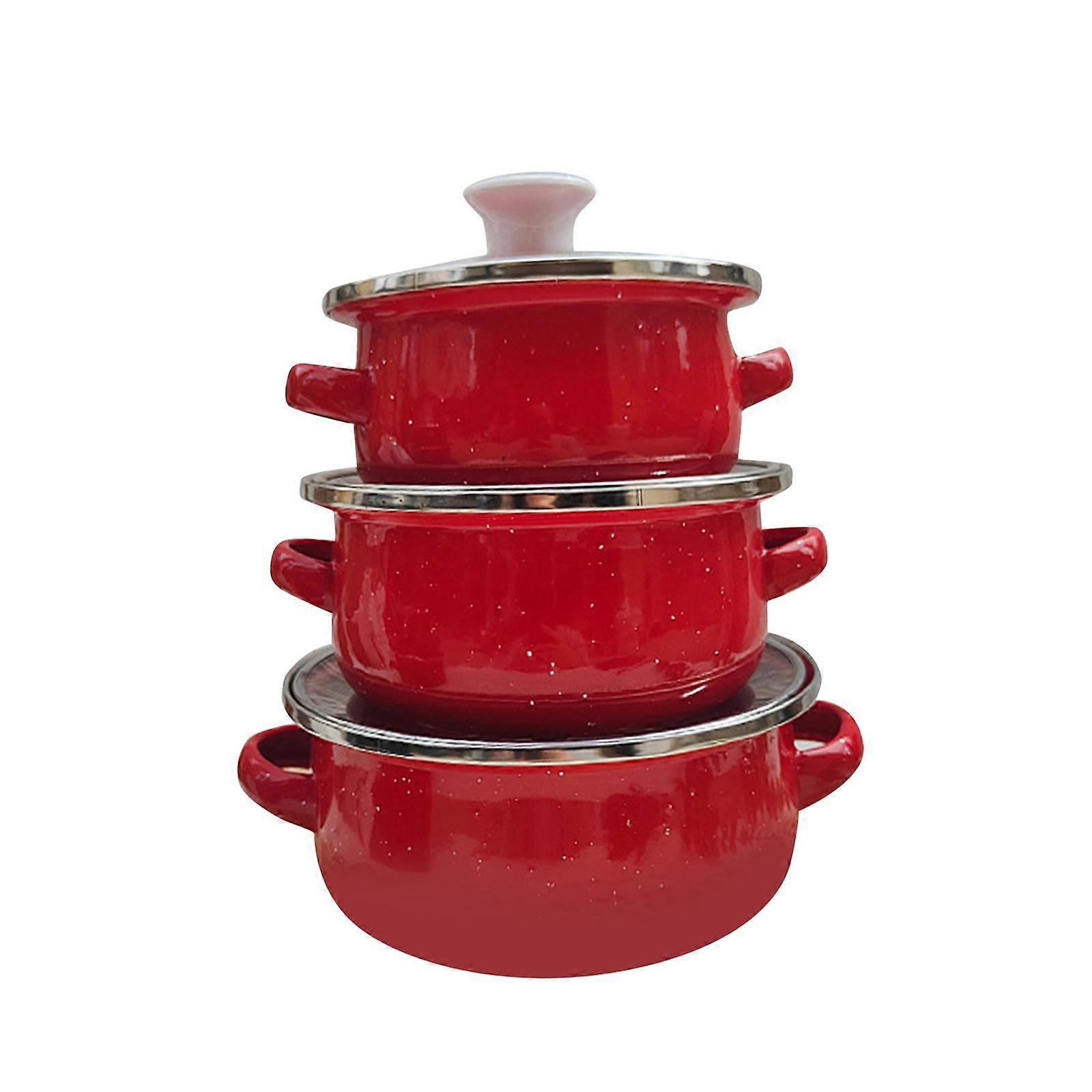 Set di 3 mini pentole smaltate universali e portatili, set di pentole smaltate per cucinare in casa, rosso