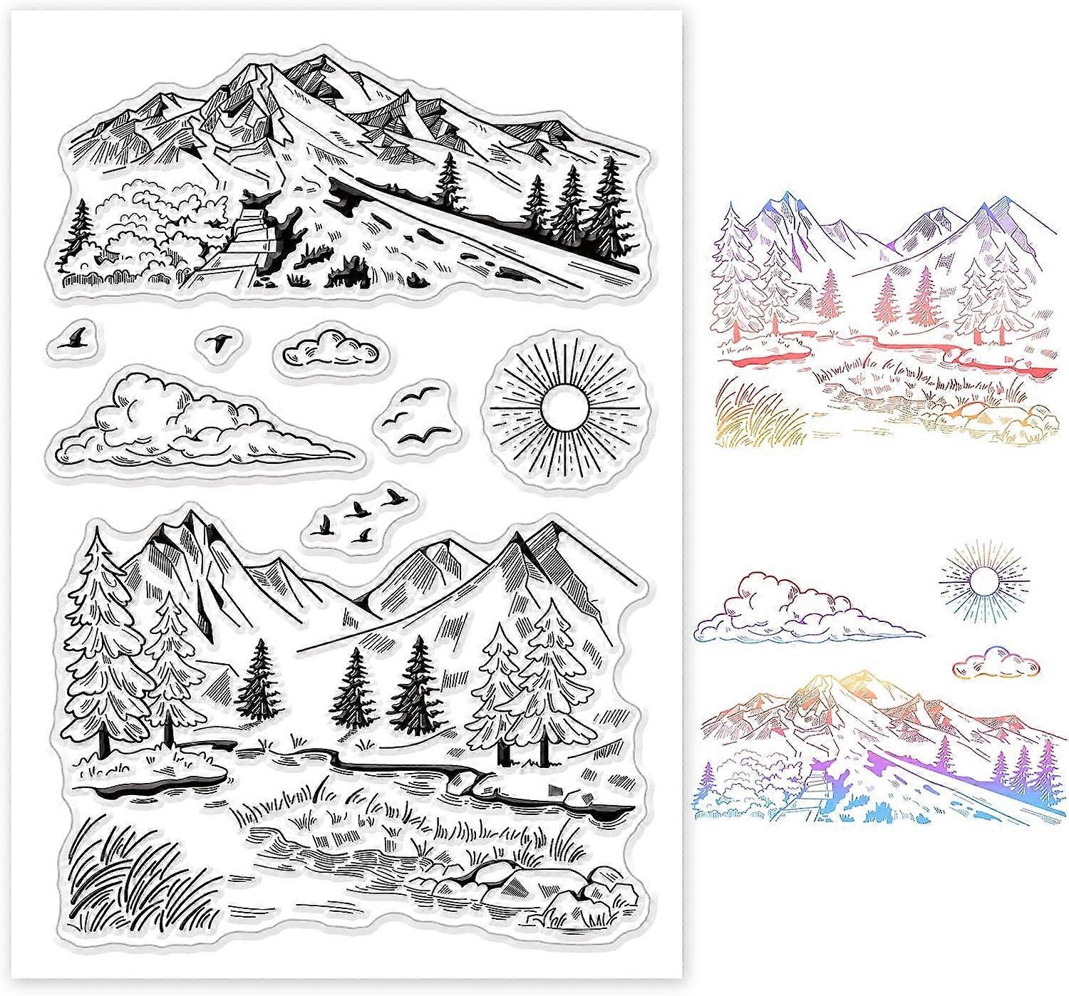 Natural Scenery Silicone Clear Stamps with Mountain Tree River Pattern
