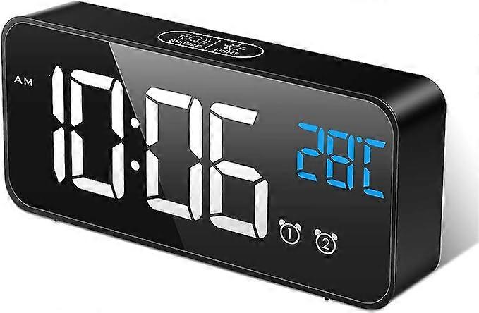 Black,Digital Alarm Clock, Digital Alarm Clock Morning Mirror LED Large Screen with Temperature/Snooze/2 Alarms, Adjustable Brightness and Sound, Soun
