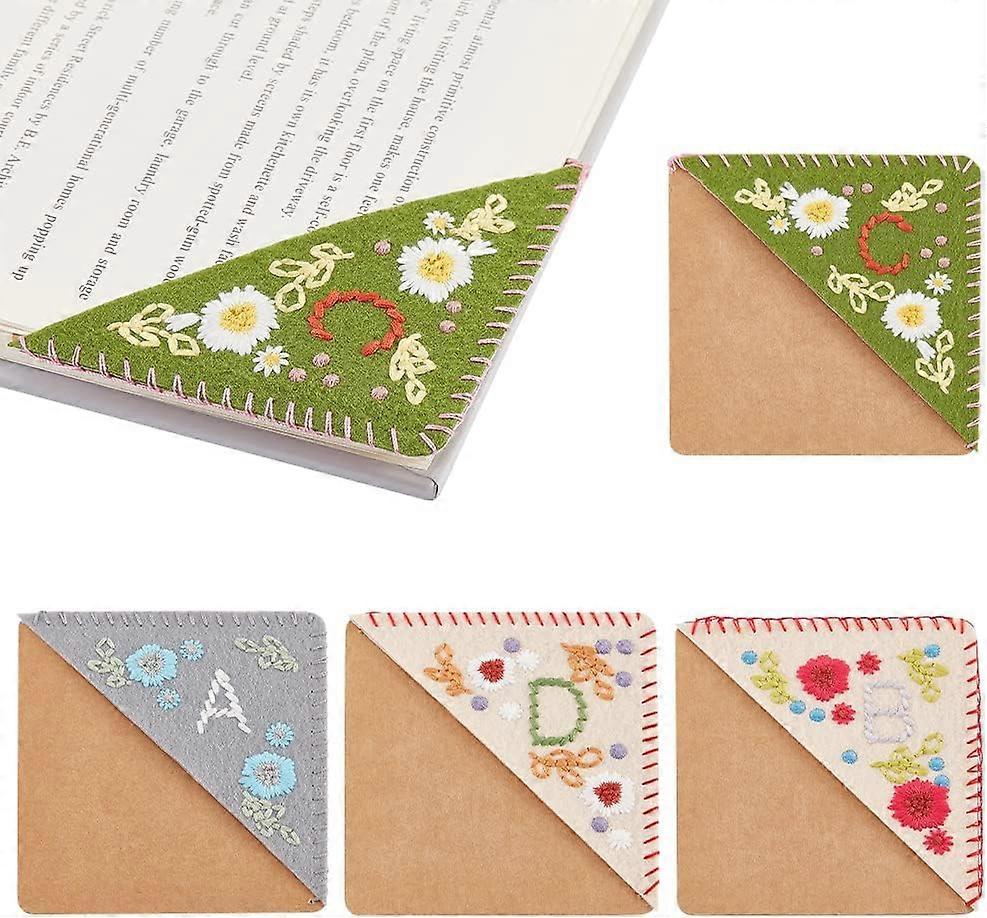 DIY 4 Pcs 4 Styles Embroidered Corner Bookmarks Personalized Hand Embroidered Flower Bookmark Triangle Corner Page Marker for Book Reading Lovers Teac