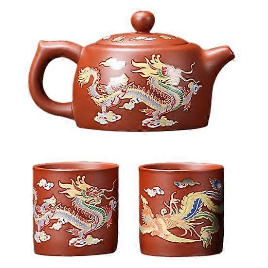 Teapot with 2 Cups Dragon And Phoenix Color-changing Purple Clay Teapot Hand-made Zisha Tea Set Kung Fu Tea Pot for Teapot Tea Lovers Gift