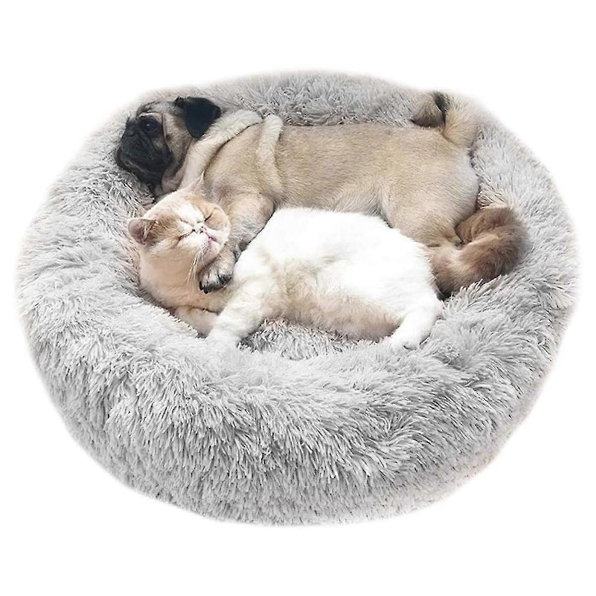 Round Donut Bed For Dog Cat Plush Soothing Comfy Sleeping Mat Basket Gray 50cm