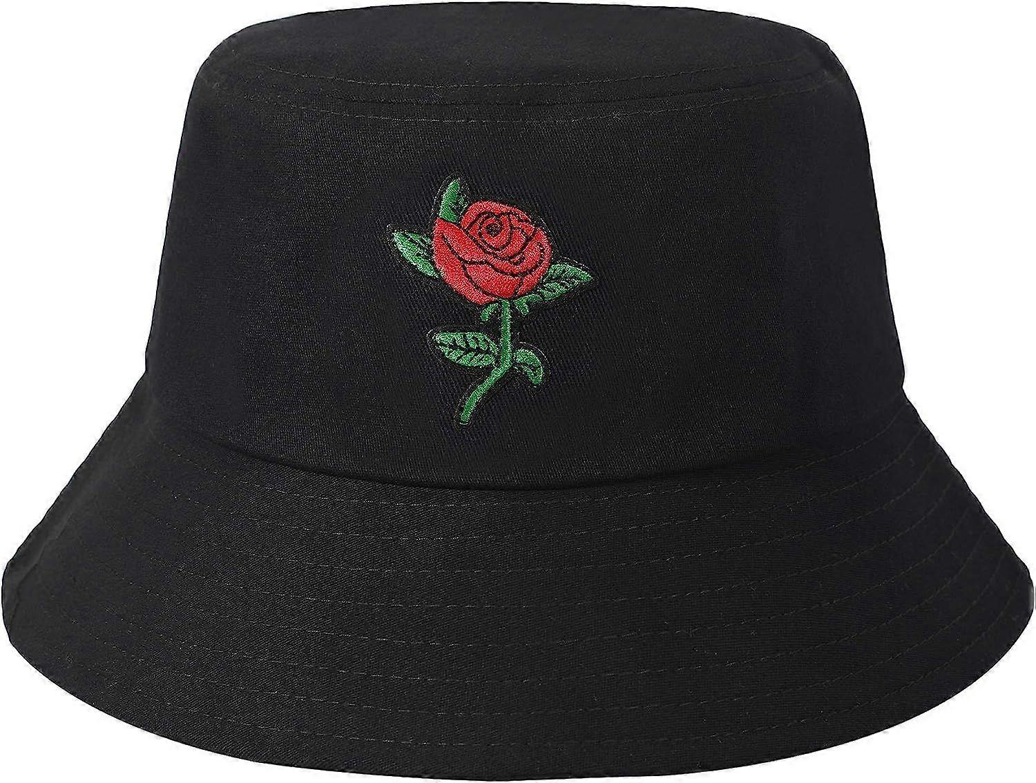 Unisex fashionable embroidered bamboo hat men's and women's youth summer Bucket hat, simple and fresh style (black)