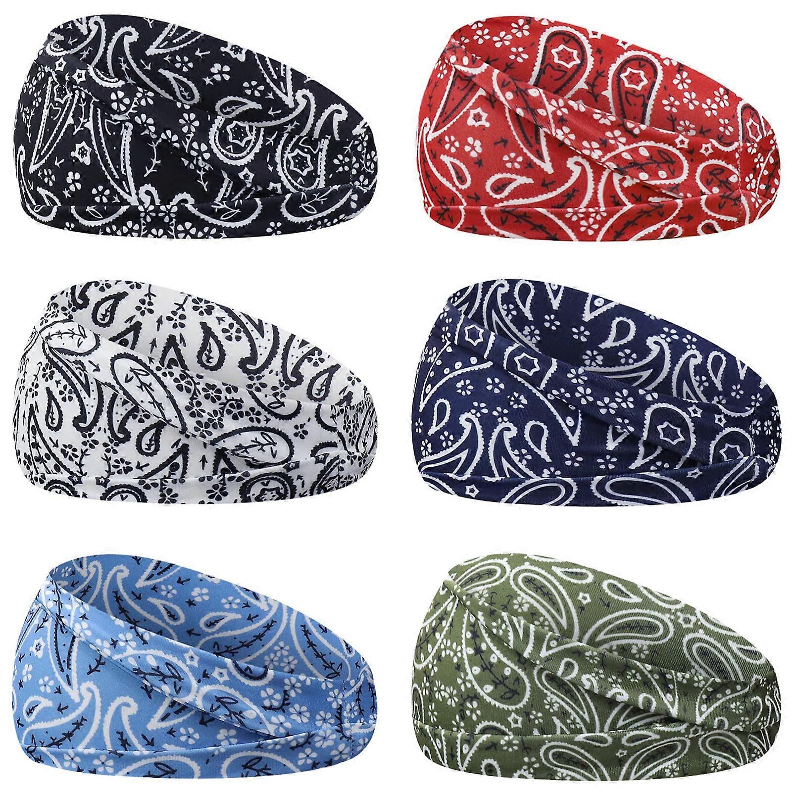 6-Pack Boho Paisley Bandanas - Soft Cotton Elastic Sweatbands for Yoga and Running in Assorted Colors