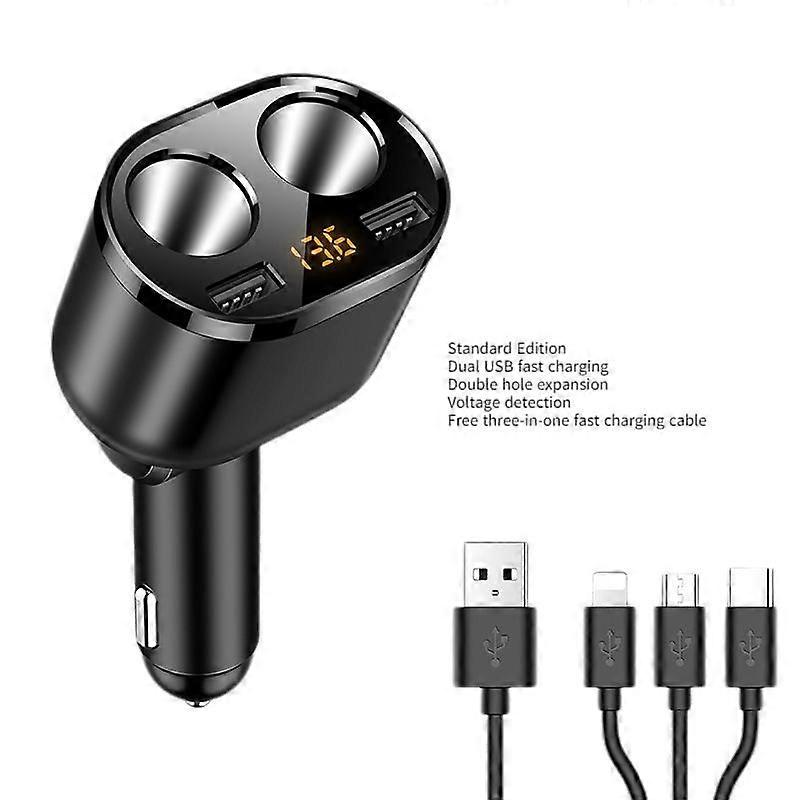 USB Car Charger (Standard Version Dual USB Fast Charging Dual Holes Extended Voltage Detection Send Three-in-One Fast Charging Cable) (One Set)