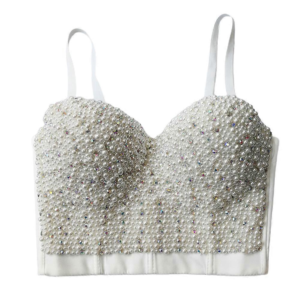 Women Sexy Imitation Pearls Beaded Bustier Bra Colored Diamond for Rhinestone Push Up Corset Camisole Night Club Bralette Rave Sling Vest Crop Top 