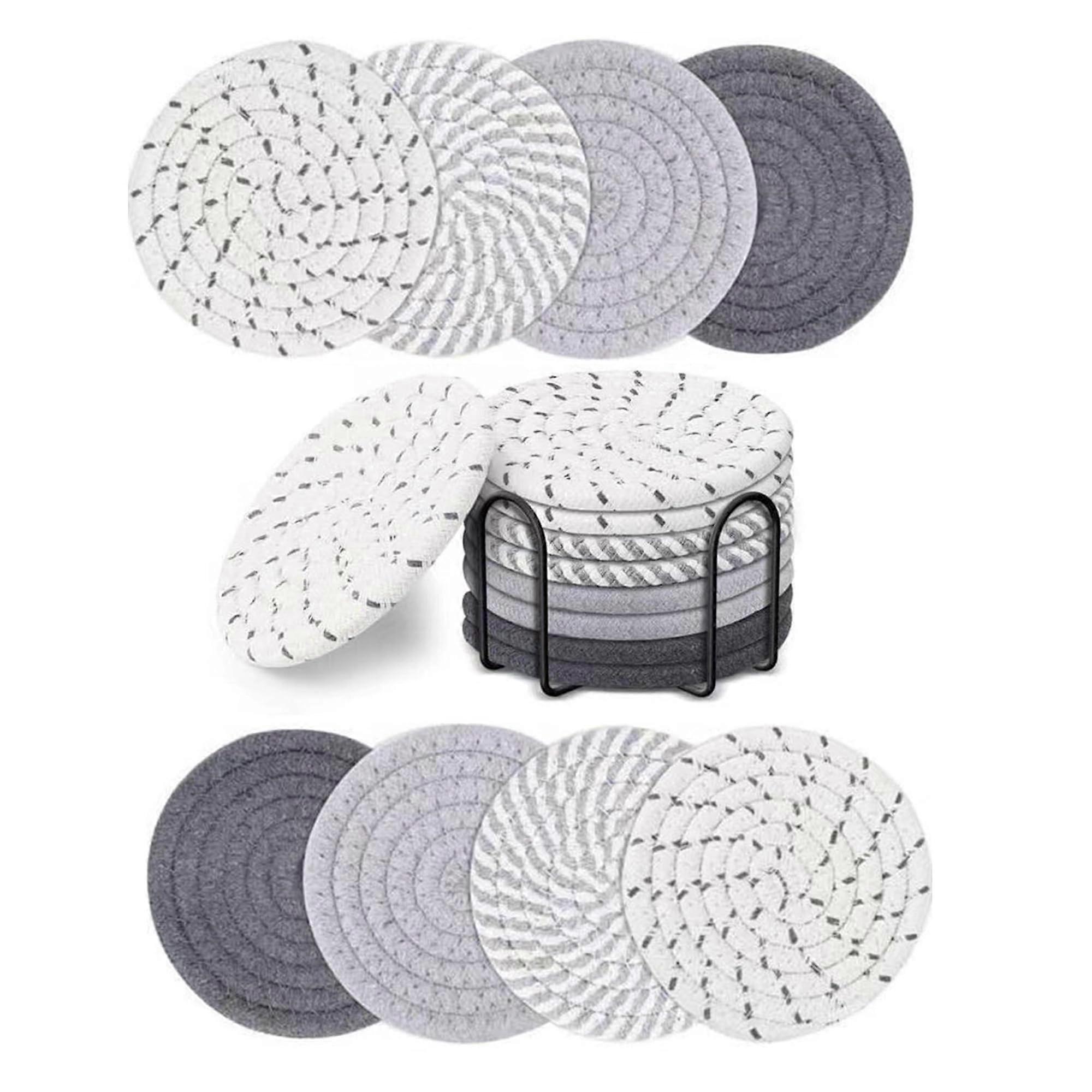 Drink Coasters with Holder Set, 8 PCS Absorbent Cotton Woven Coasters, 4 Color Drink Coasters for Home Table Decor