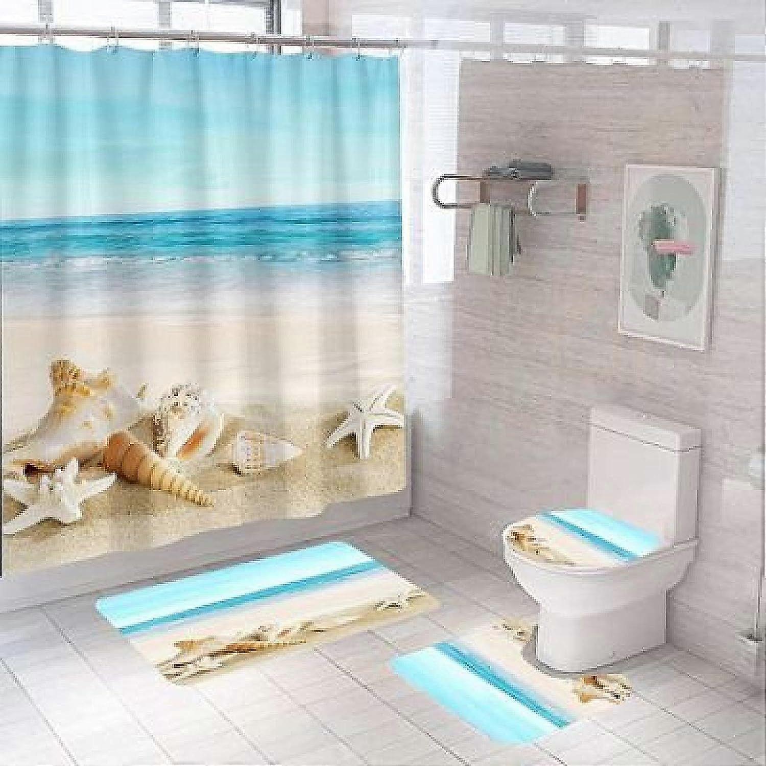 Starfish Shell Shower Curtain Set - Polyester Beach Theme Digital Printing