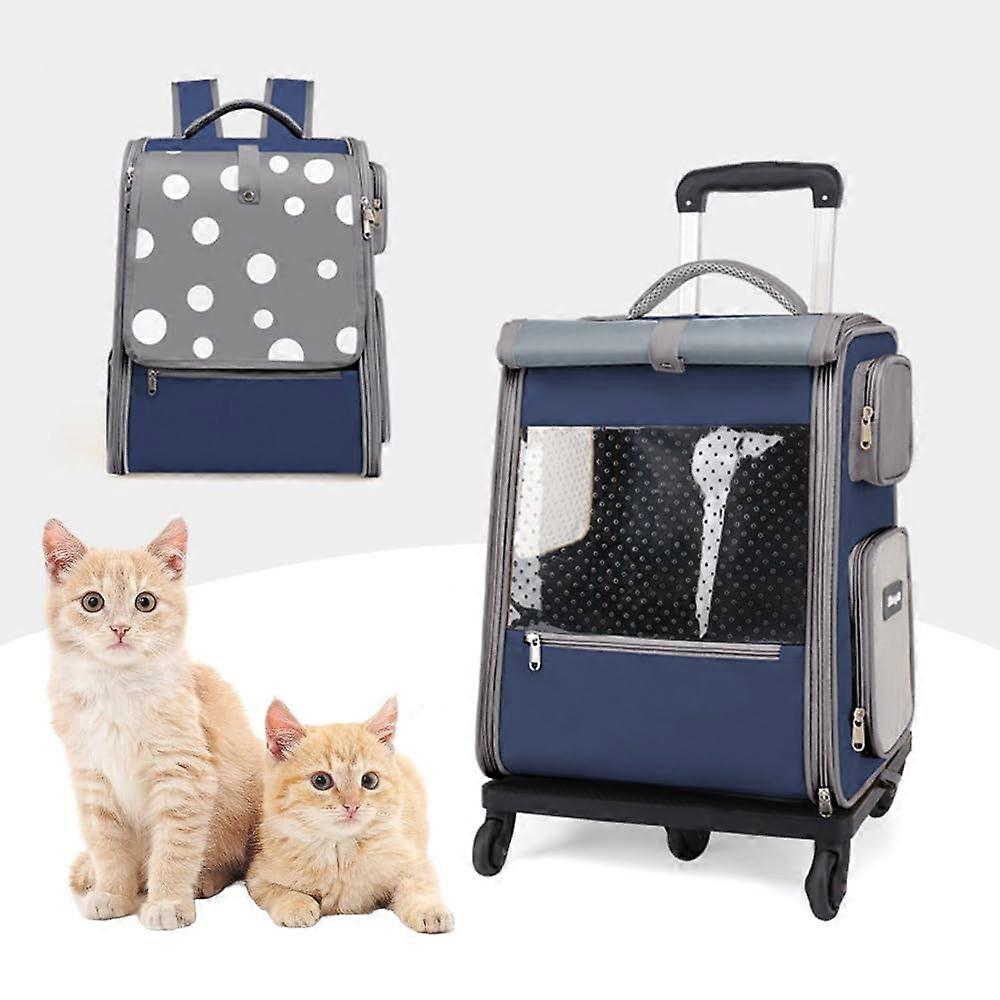 Pet Carrier Backpack with Wheels, Pet Trolley, Rolling Carrier for Pets, Blue