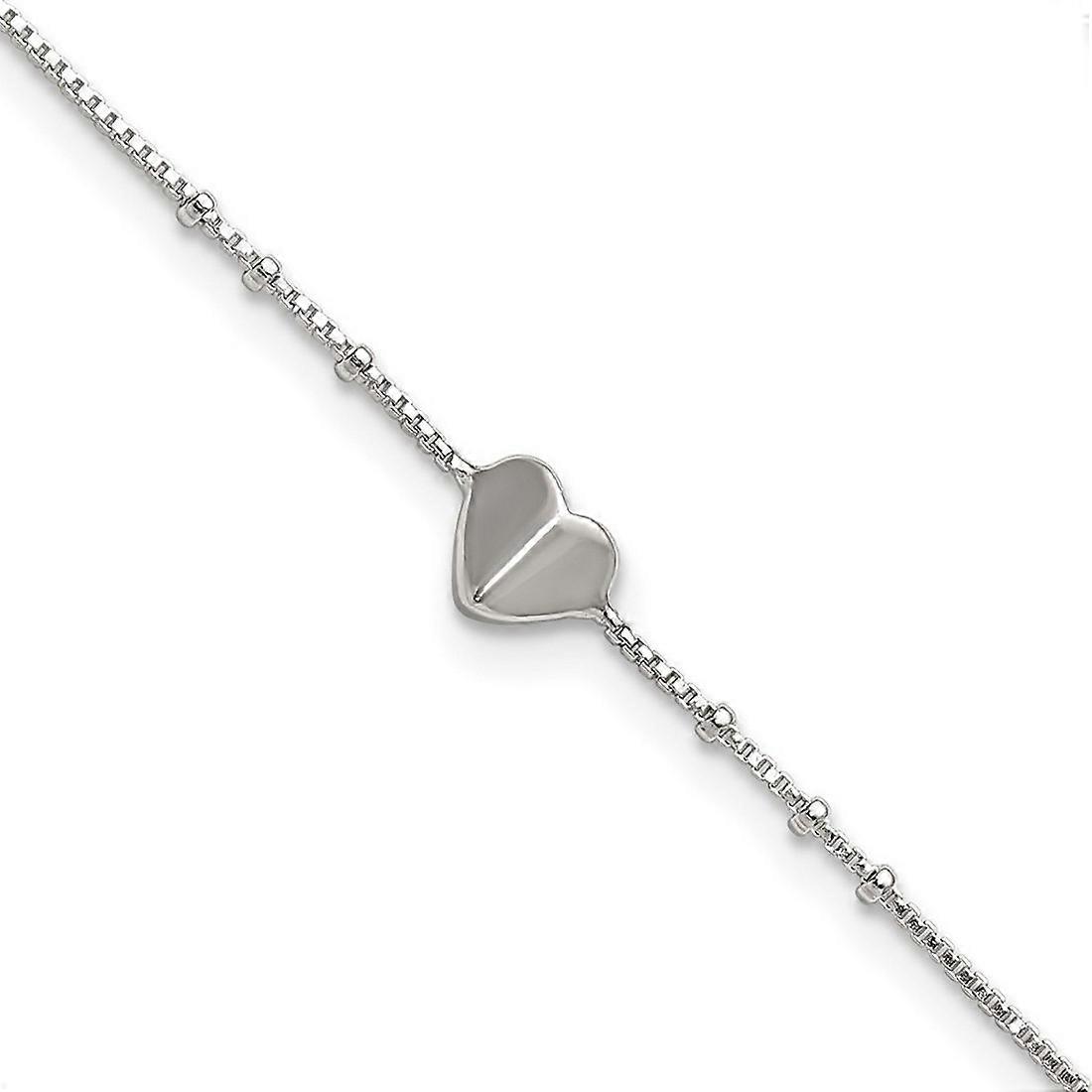 925 Sterling Silver Polished and Beaded Love Heart Plus 1in Extension Anklet 9 Inch 1mm Wide-Anklet for Women