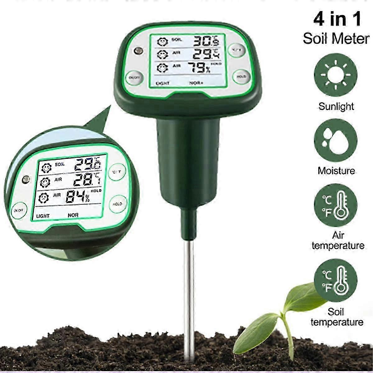 3-in-1 Soil Tester with Sunlight/Moisture/Temp Sensor, LCD Backlight Hygrometer for Garden Plants Lawn Care