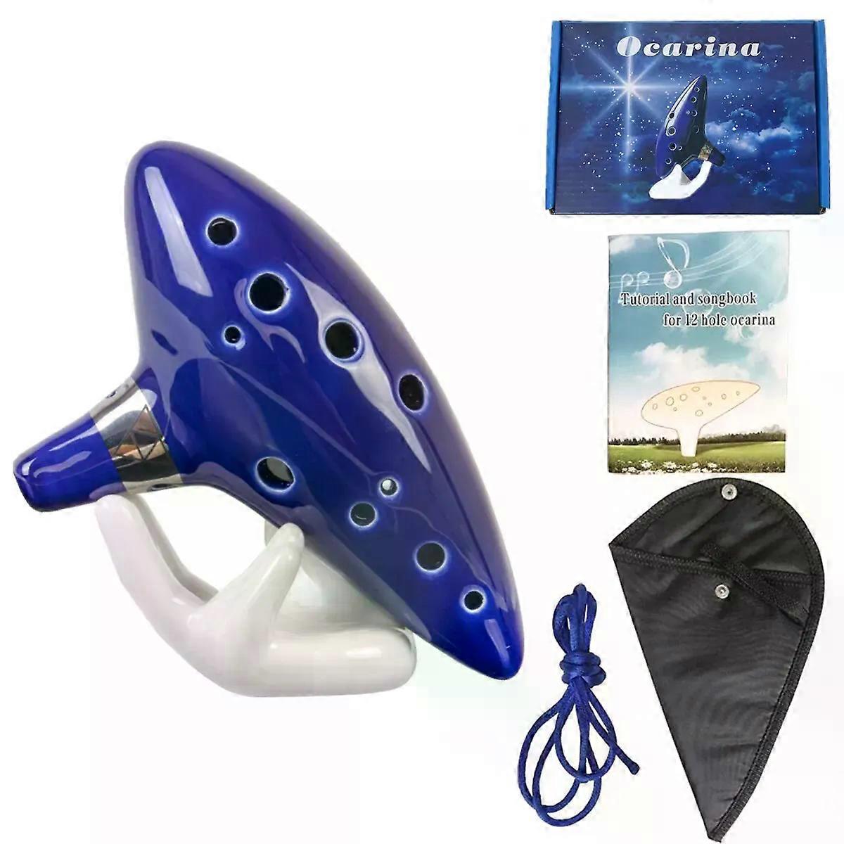 Ocarina 12 Tones Alto C Ceramic Ocarina Musical Instrument with Song Book Neck String Neck Cord Carry Bag Blue