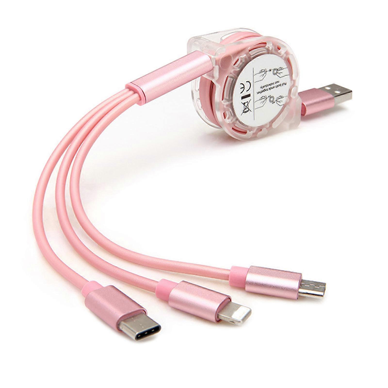 3in1 Multi Charging Cable USB to Retractable Phone Charge, Multiple Charging Cord with TypeC/MicroUSB/IP  rose gold