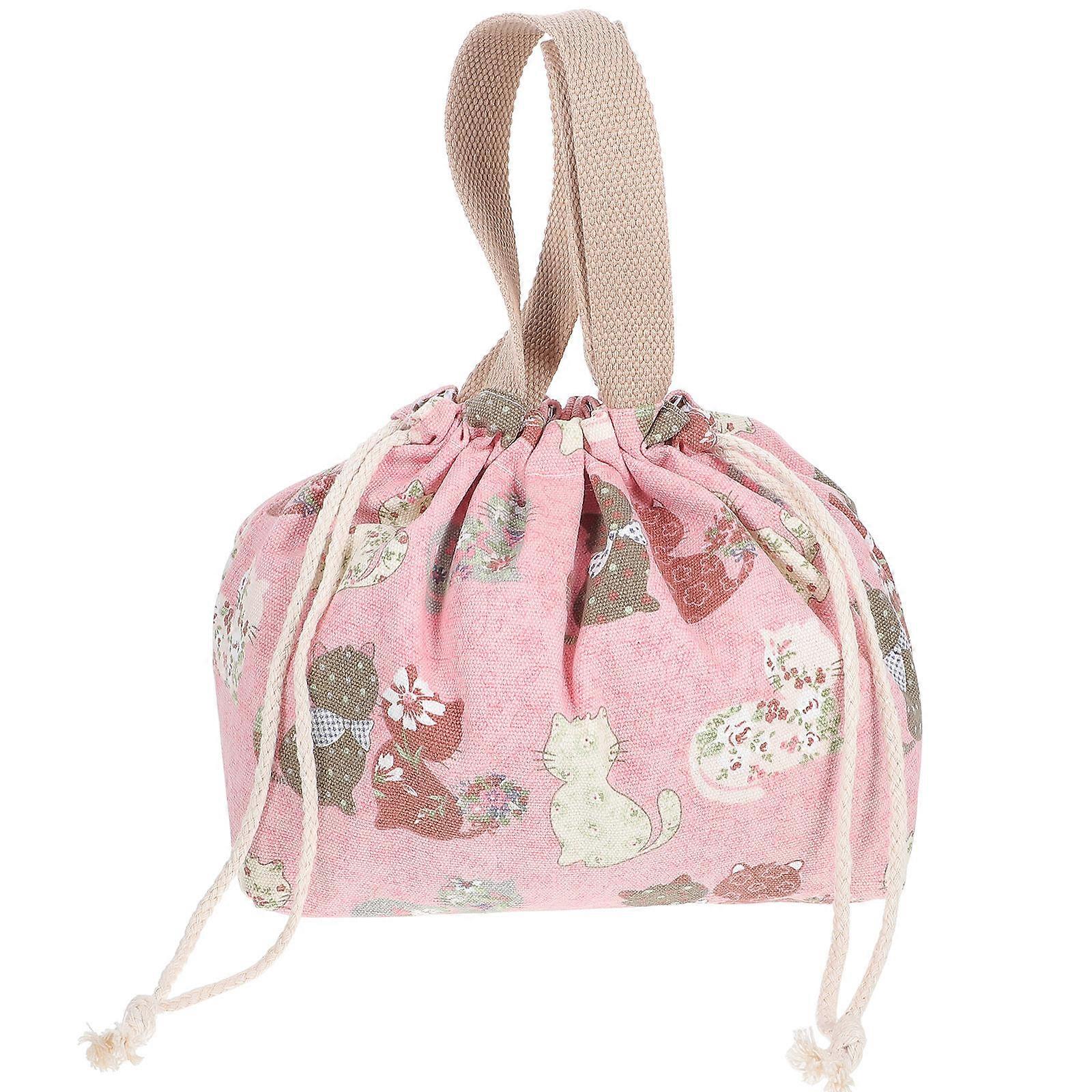 Portable Cartoon Pattern Lunch Box Bag Adorable Japanese Style Drawstring Bento Bag For School Work Red 30X21CM 1Pack