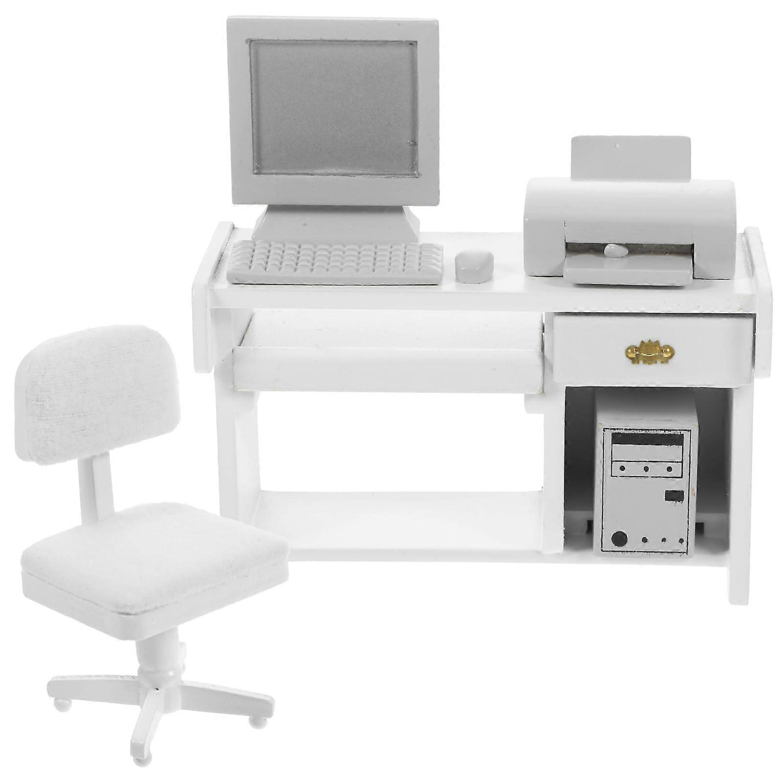 1/12 Miniature Office Scene Model With Desk Chair Printer and Computer For Doll House Office Reading Room Scene Display White