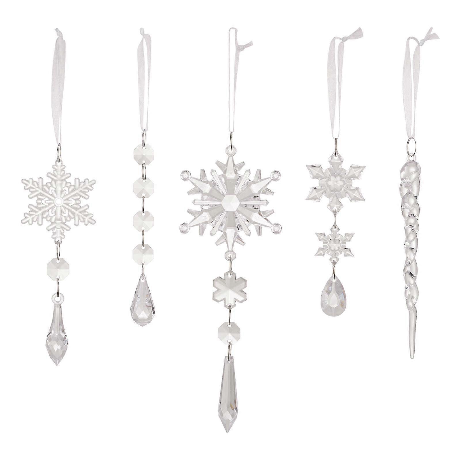 Acrylic Snowflake Ornaments - Set of 5 Clear Acrylic Icicle Drop Pendants for Christmas Tree Decor