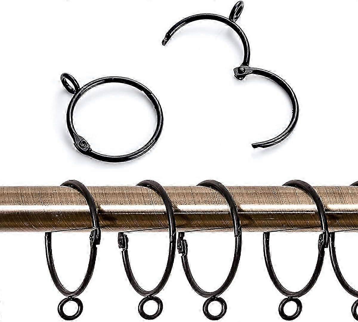20 Pieces Metal Curtain Rings, Open and Close Ring Hooks for Curtains and Rods, 50mm Internal Diameter (Black)