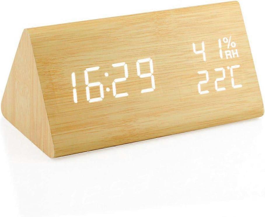 Digital Alarm Clock, Wooden USB Powered Digital Clock, Adjustable Brightness, Snooze Function, Temperature, Humidity