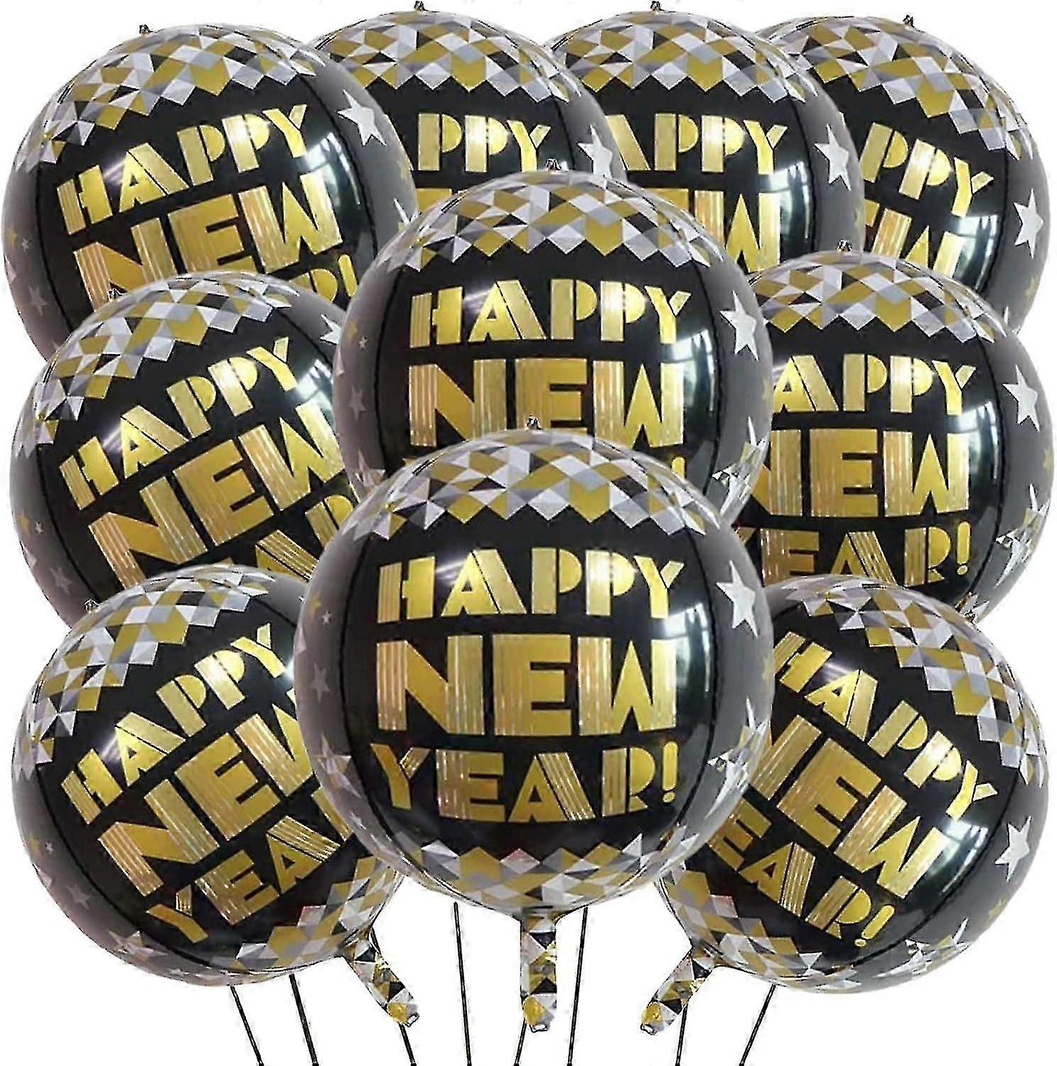 55.88cm Happy New Year Mylar Balloons, 10 Large Foil Balloons in 4D Giant Round Shape, Ideal for 2024 New Year Celebration Decorations