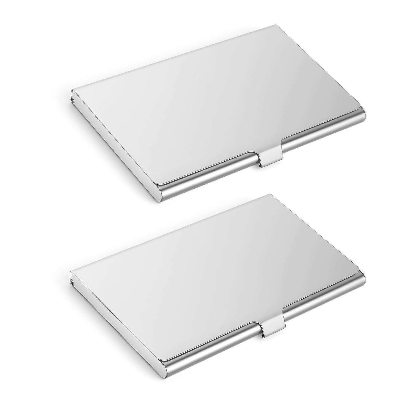 Slim Business Card Case - Stainless Steel Holder, Lightweight Buckle Style, 2-Piece Set for Men and Women, Silver Minimalist Design