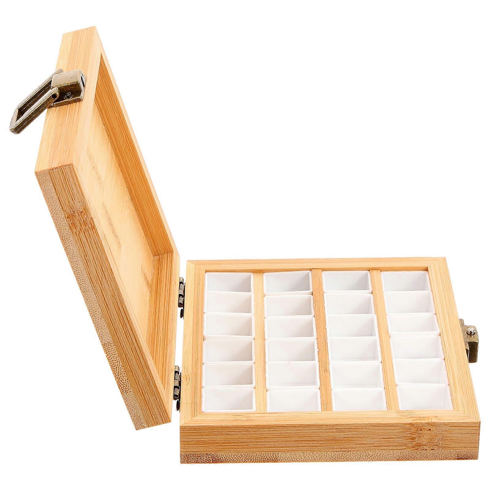 Portable Wooden Watercolor Pigment Box for Storage Khaki 24 Grids Paint Mixing Tray Art Case